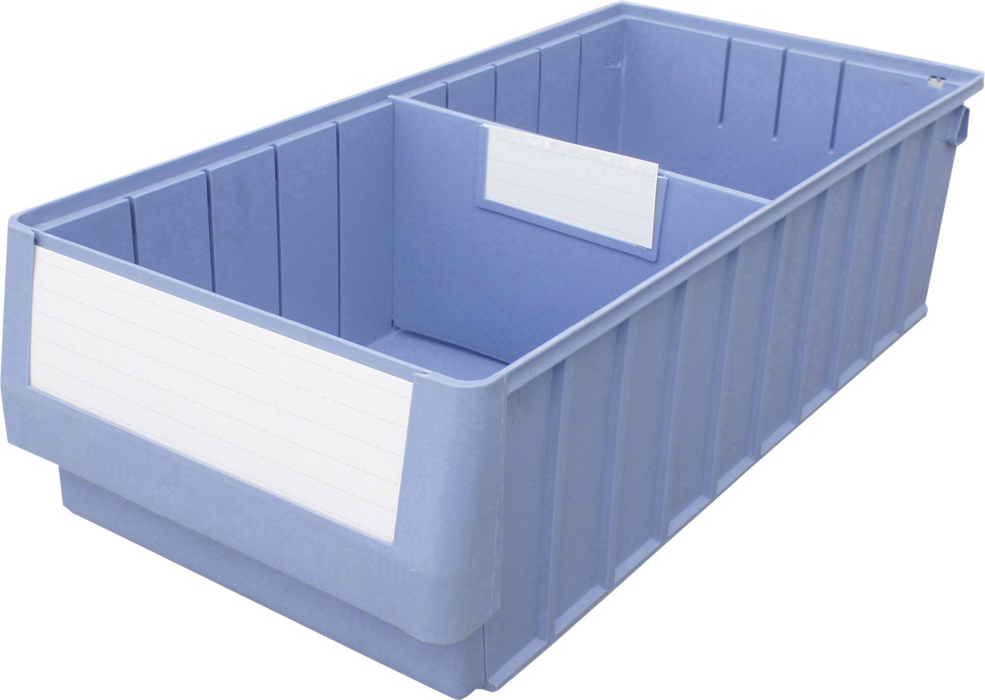 Un conteneur en plastique bleu avec un champ d'étiquetage sur le côté, adapté à l'organisation ou au rangement d'objets.