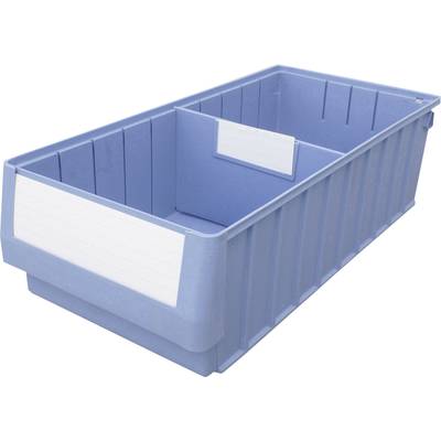 Un conteneur en plastique bleu avec un champ d'étiquetage sur le côté, adapté à l'organisation ou au rangement d'objets.