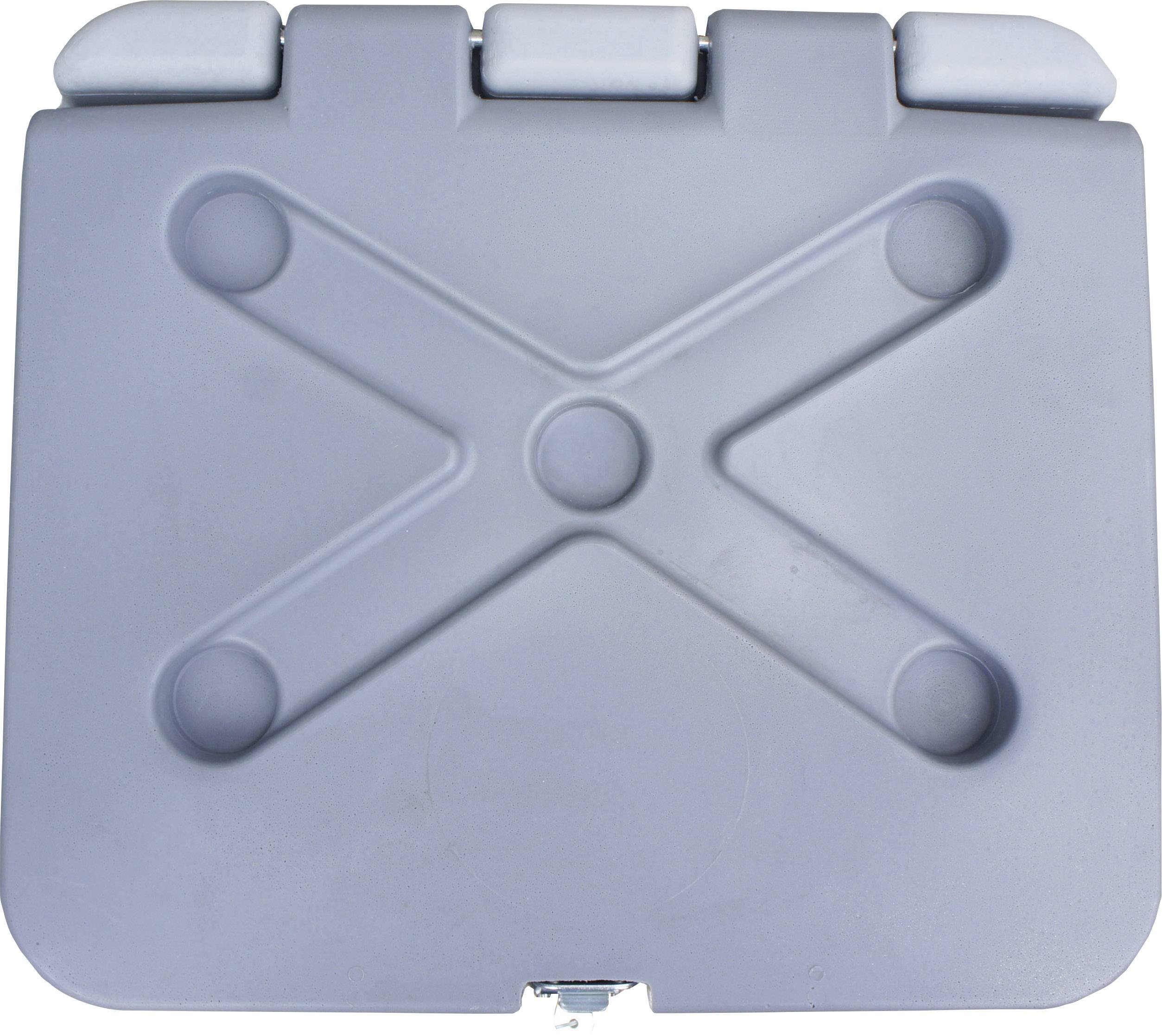 Couvercle gris en plastique d'un grand récipient avec un motif en relief en 'X', entouré de quatre protubérances rondes.