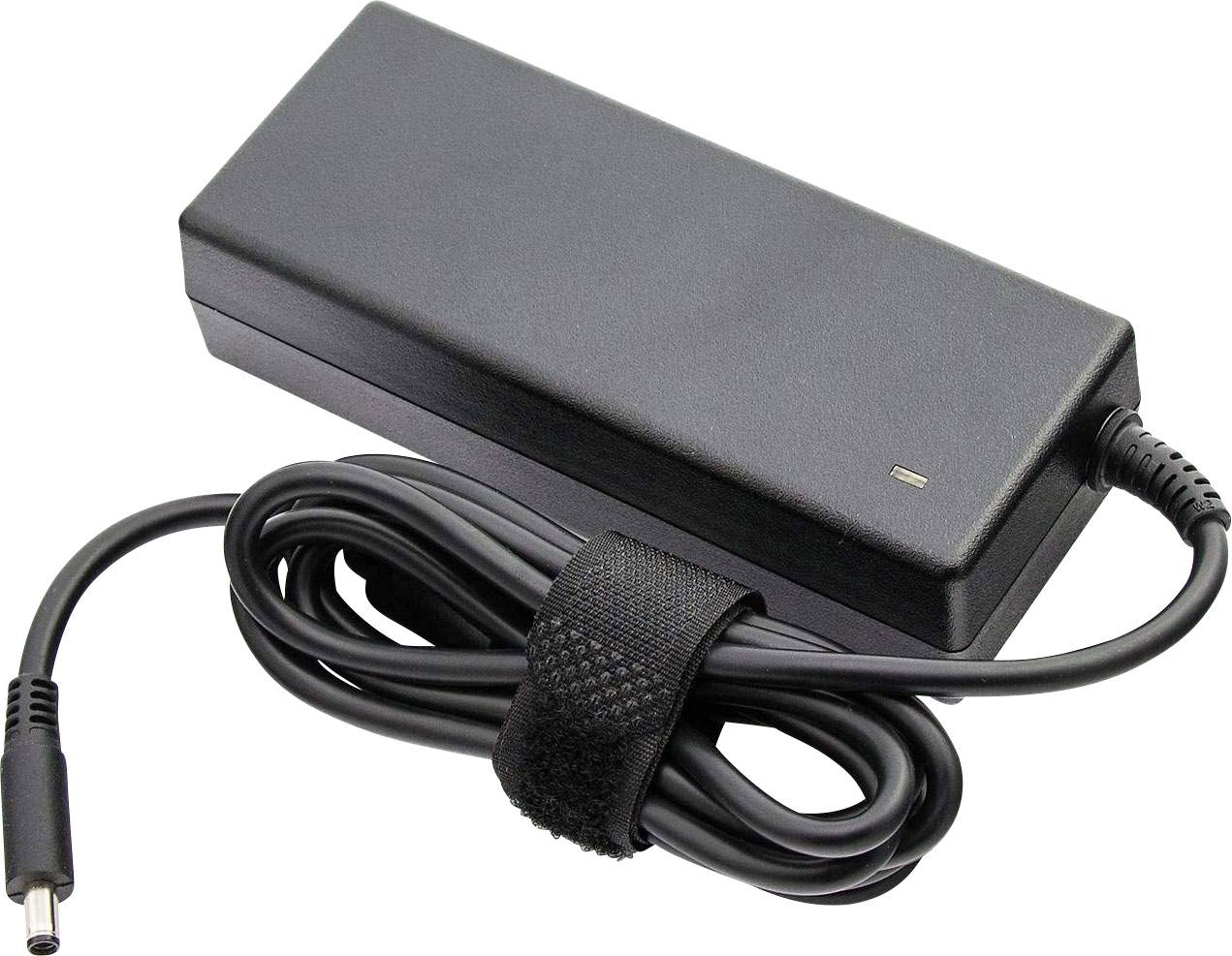 Un adaptateur secteur noir pour ordinateur portable avec câble d'alimentation et bande auto-agrippante pour la gestion des câbles.