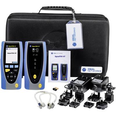 Kit de testeur réseau comprenant deux appareils SignalTEK NT, des câbles de connexion, des adaptateurs et un sac de transport d'Ideal Networks.