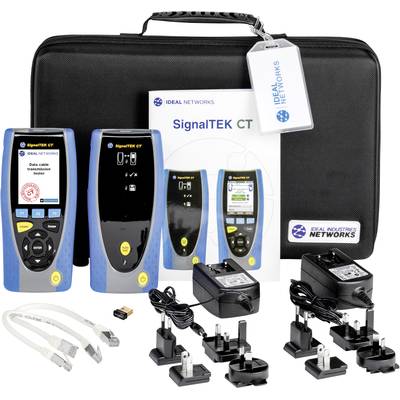 Sac de transport contenant des appareils de test réseau d'Ideal Networks, modèle 'SignalTEK CT', comprenant des accessoires tels que des câbles et des adaptateurs.