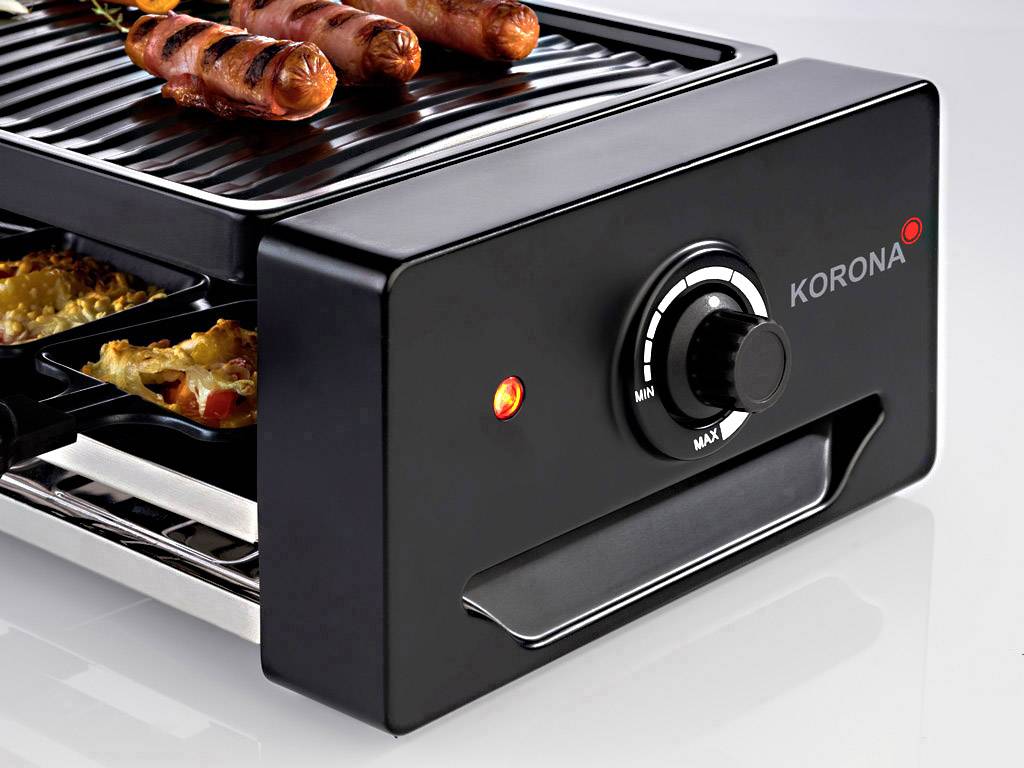Raclette Grill Per 8 Persone - Piastra In Pietra Naturale + Antiaderente, Bambù, 1300W, Con 8 Padelline E Spatole