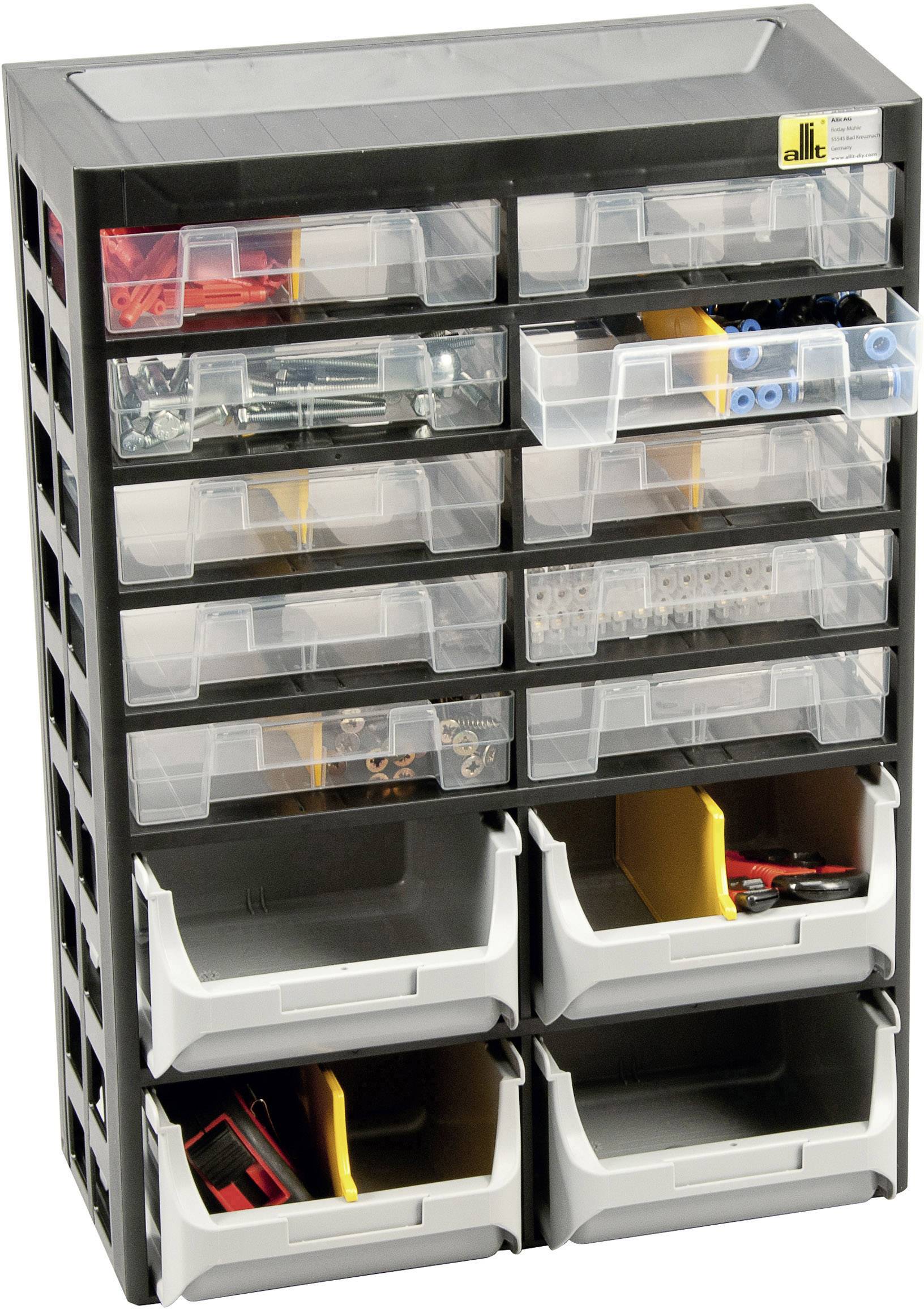 Un organiseur noir avec des tiroirs transparents, rempli de vis, d'écrous et de petites pièces. Idéal pour les besoins d'atelier.