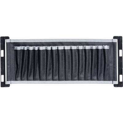 Sac à outils noir avec plusieurs compartiments pour le rangement des outils, équipé de supports métalliques sur les côtés.