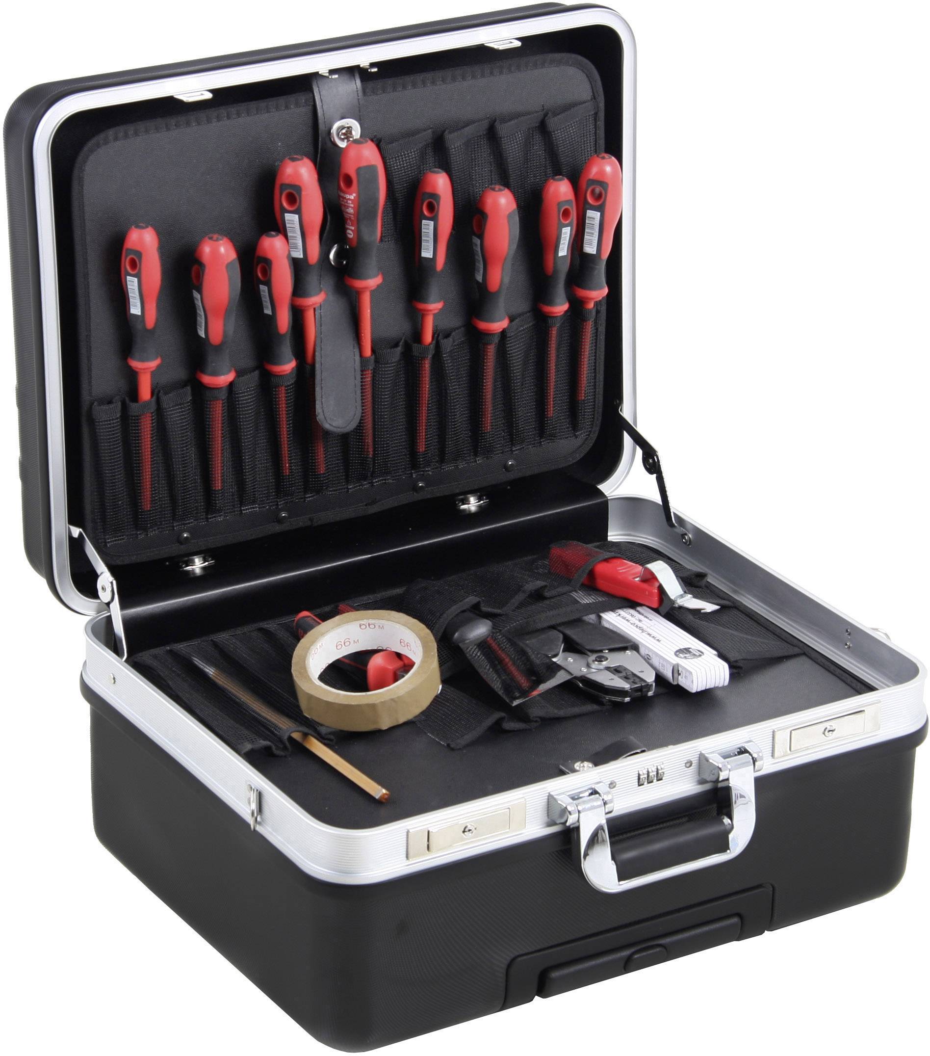 Une boîte à outils ouverte contenant divers tournevis, du ruban adhésif, un couteau et des stylos, soigneusement organisés dans des compartiments.