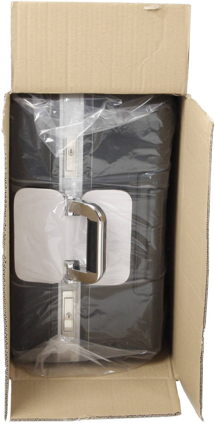 'Valise noire dans un carton ouvert et dressé, avec des fermetures métalliques et une poignée de transport visibles.'