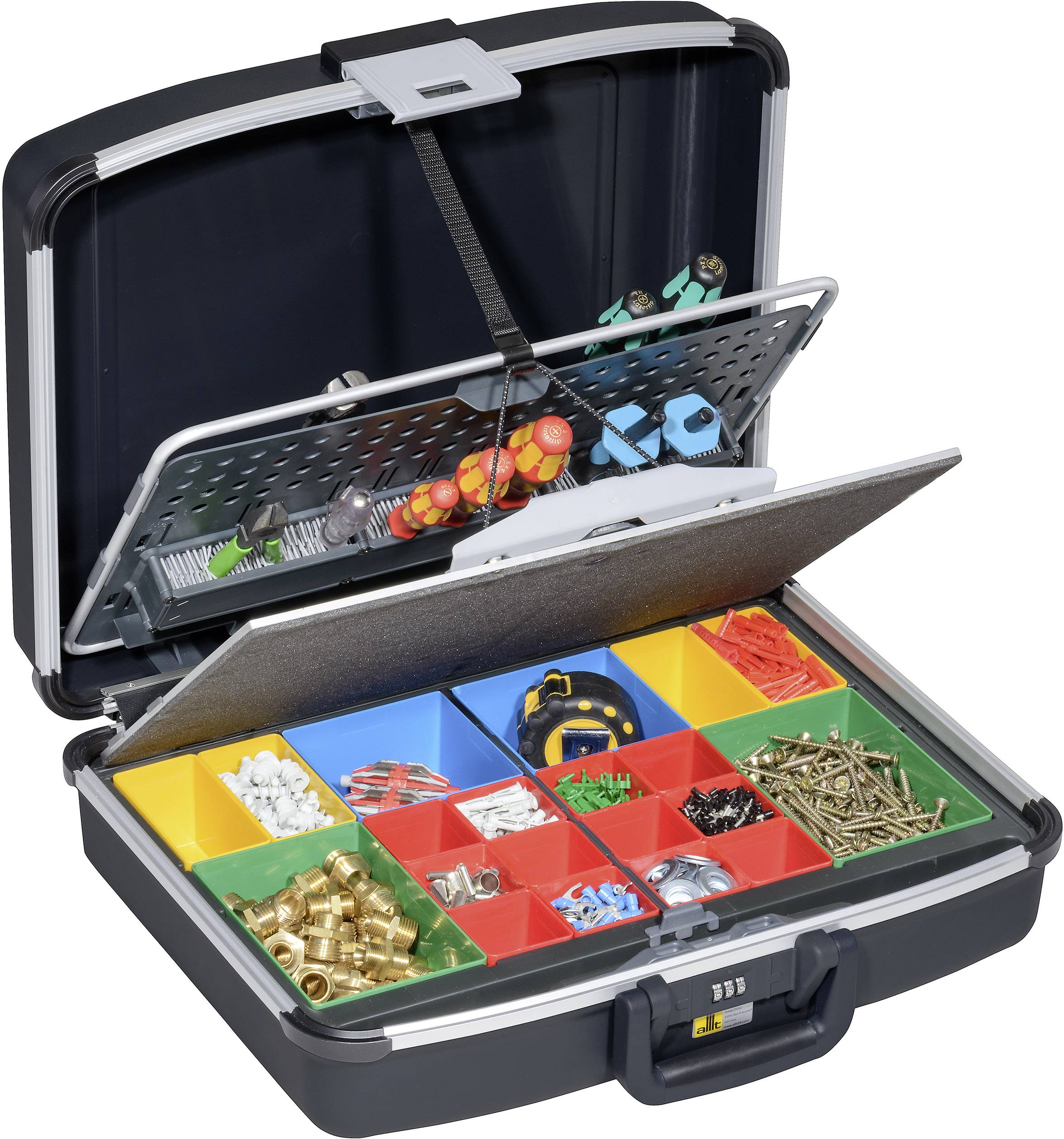 Boîte à outils avec couvercle ouvert, montrant des compartiments colorés contenant des vis, des chevilles et d'autres petites pièces pour le rangement et l'organisation.