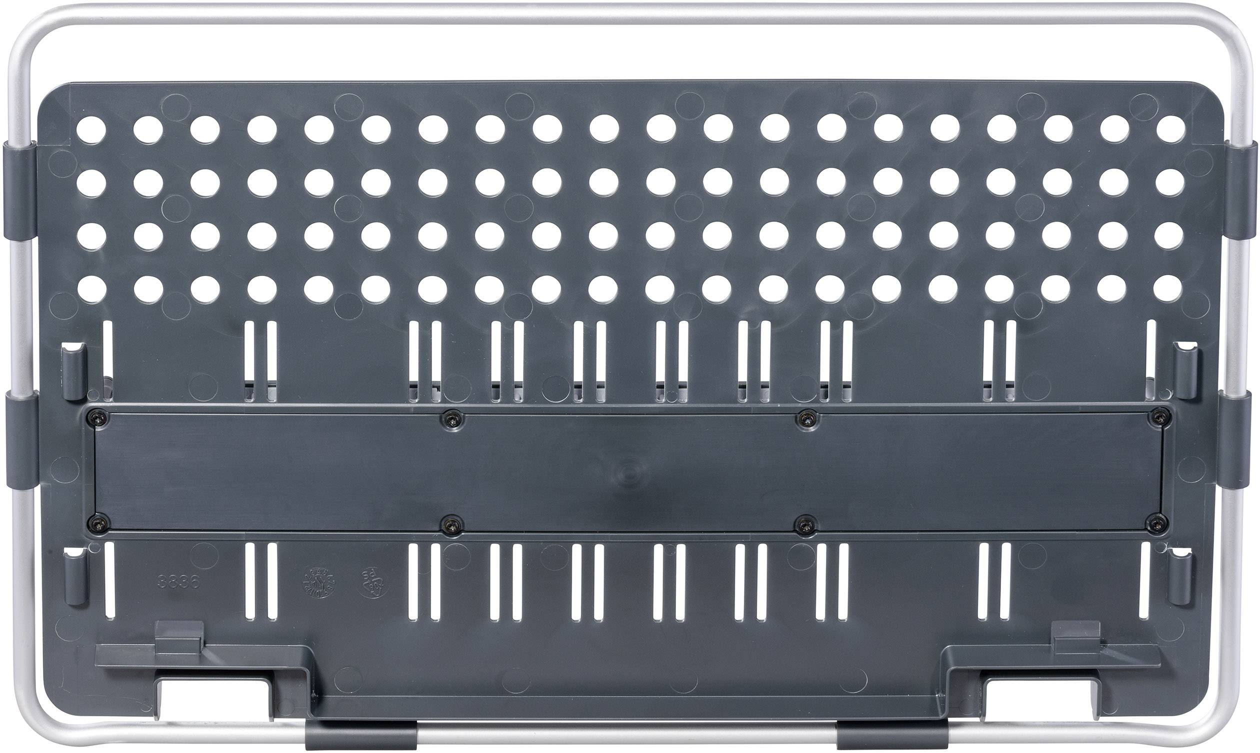 Support en plastique gris avec plusieurs ouvertures rondes et rectangulaires, probablement pour la fixation de modules ou la gestion des câbles.