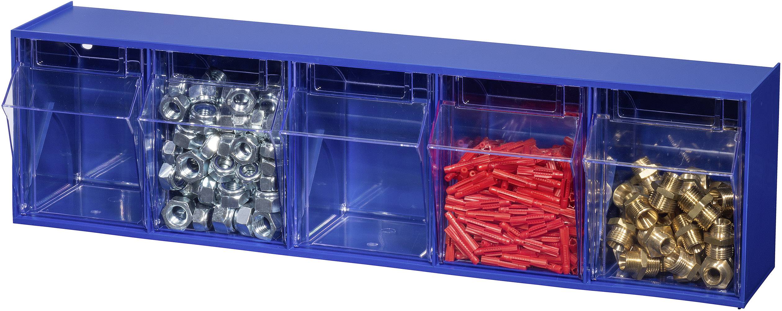 Boîte de rangement bleue à quatre compartiments, remplie de écrous métalliques, de chevilles rouges et de vis en laiton, organisée pour un accès facile.