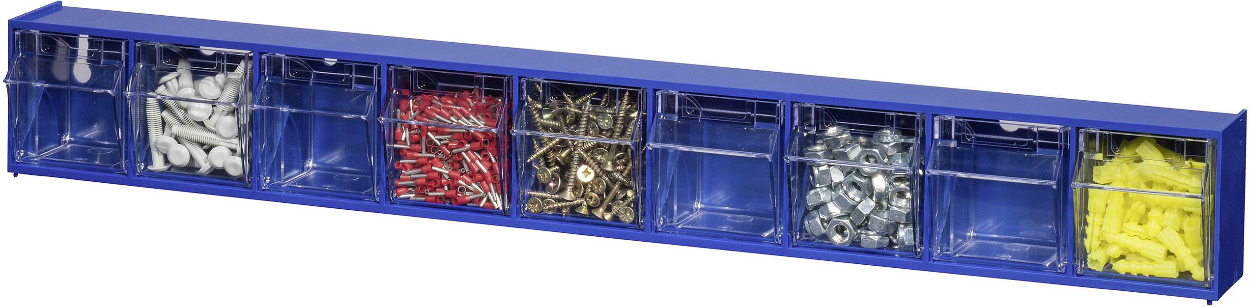 Boîte bleue pour petites pièces avec sept compartiments transparents, remplie de différentes vis, chevilles et clous de diverses couleurs.