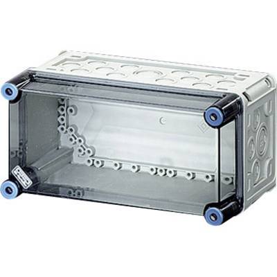 Boîte de connexion électrique transparente avec plusieurs ouvertures latérales et couvercle vissable.
