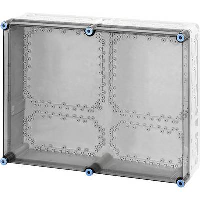 Une boîte en plastique transparente avec des points de fermeture bleuâtres aux coins, probablement destinée à la protection ou aux installations électriques.