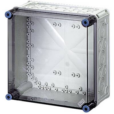 Boîte de raccordement grise, transparente, avec plusieurs entrées pour câbles ou conduits, adaptée à l'installation en intérieur.