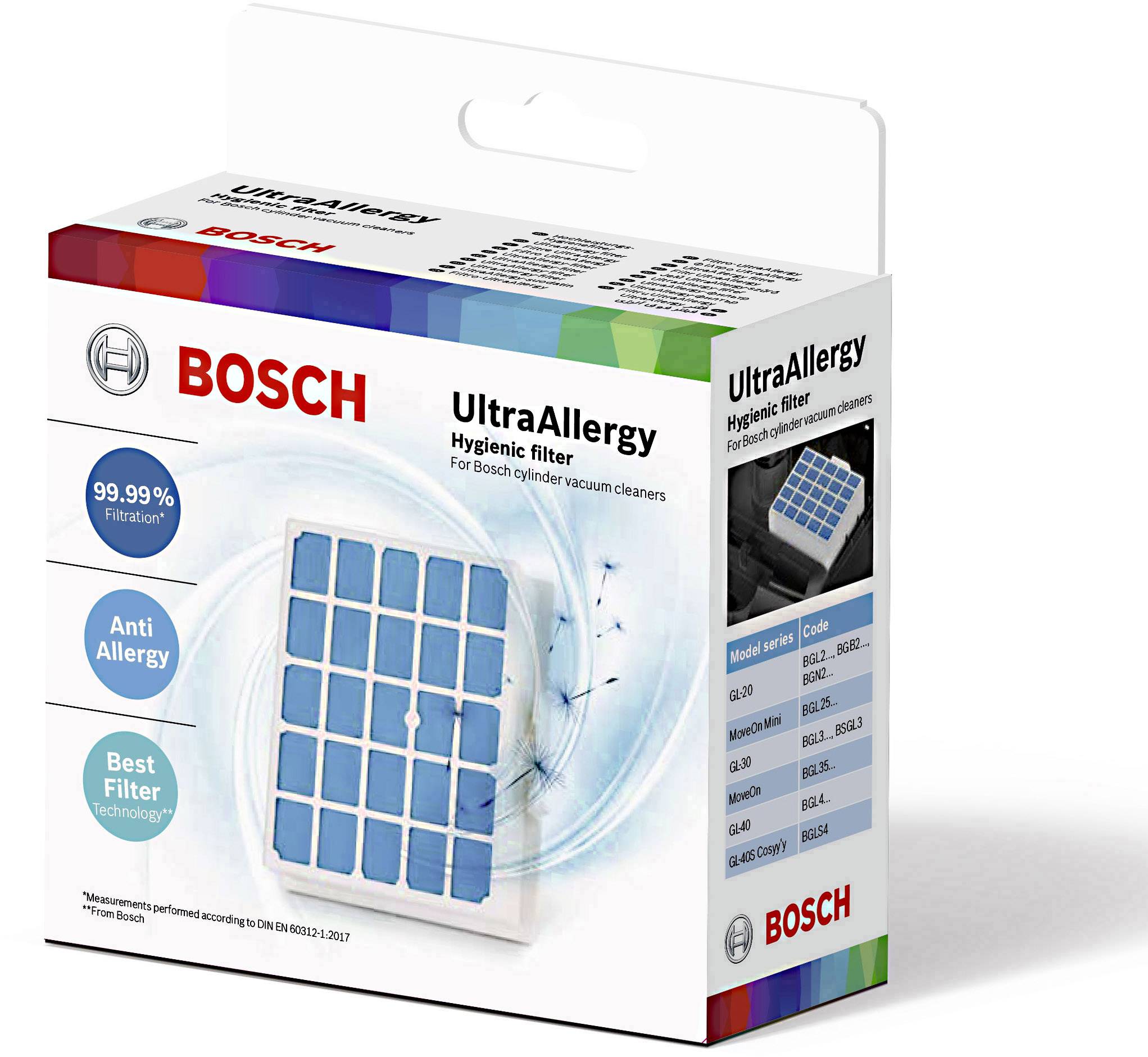 'Bosch UltraAllergie Filtre hygiénique pour aspirateur, filtration à 99,99%, anti-allergique et technologie de filtration de pointe, testé selon la norme EN1822-2011.'