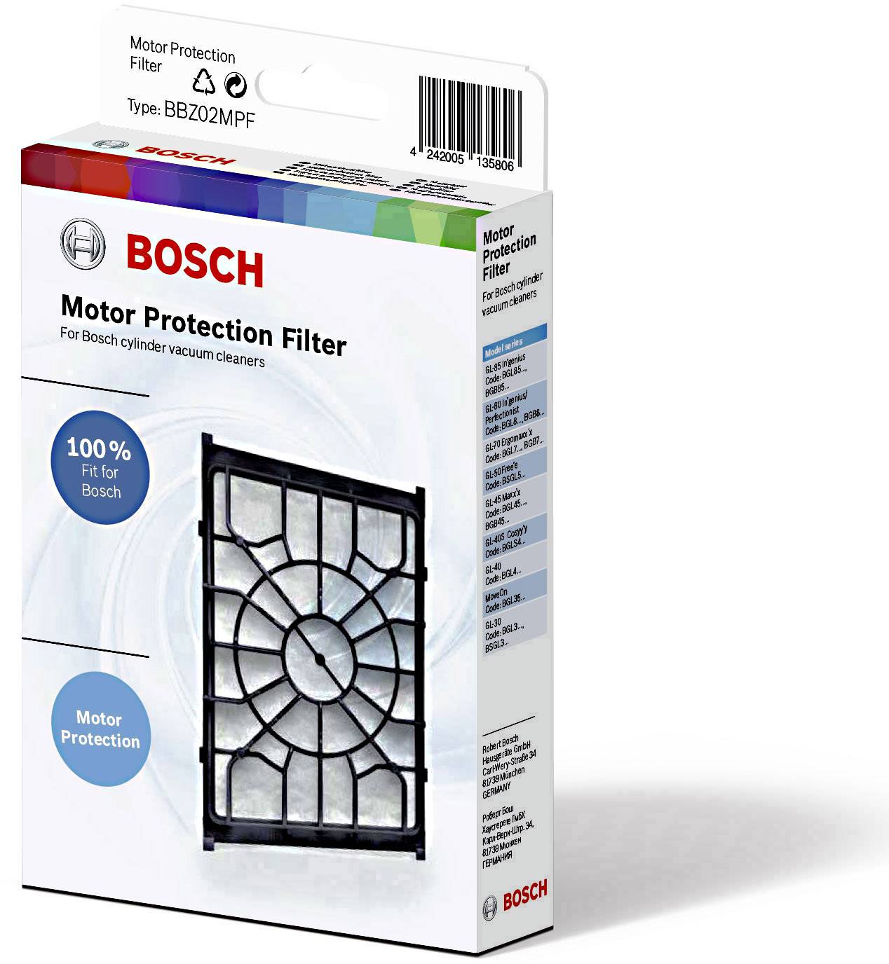 Emballage du 'Filtre de Protection Moteur BOSCH' avec une image d'un filtre adapté aux aspirateurs. Texte : '100% compatible avec Bosch. Protection moteur.'