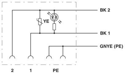 Schéma de circuit électrique avec mise à la terre et contact de protection, montrant une lampe (YE) et des interrupteurs (BK1, BK2), connectés au PE.