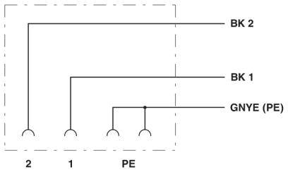 Le diagramme montre les connexions électriques : BK2 et BK1 mènent à GNYE (PE), connectés aux points 2, 1 et PE.