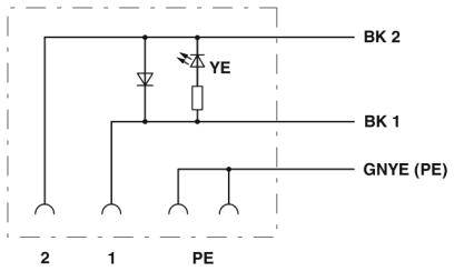 Schéma de câblage : Deux lignes parallèles mènent à BK 1 et BK 2. Une LED avec résistance de limitation est montée en parallèle à une diode sur BK 2. GNYE se connecte à PE.