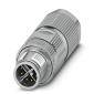 Un connecteur cylindrique gris avec plusieurs broches de connexion, souvent utilisé dans des appareils électroniques ou de communication.
