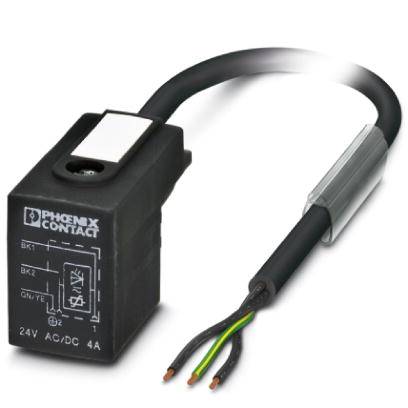 Relais de Phoenix Contact avec 24V AC/DC, 4A. Boîtier noir, trois câbles : bleu, marron et vert-jaune avec extrémités dénudées.