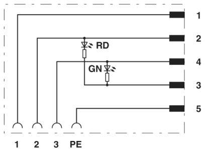 Schéma de câblage d'un connecteur à cinq broches avec mise à la terre. Représente les connexions de deux diodes électroluminescentes, identifiées comme 'RD' et 'GN'.