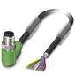 Un câble vert avec une fiche coudée à angle droit et des fils de couleur dénudés à l'autre extrémité, adapté pour les connexions électroniques.