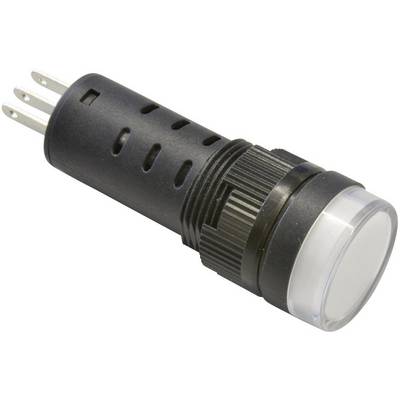 Bouton noir, cylindrique, avec un couvercle transparent et trois broches métalliques à l'arrière. Il semble s'agir d'un composant électronique.
