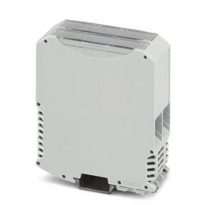 Composant électronique gris-blanc avec des fentes de ventilation, de forme rectangulaire et présentant un logement visible sur sa face inférieure.