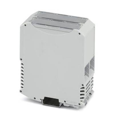 Un boîtier en plastique gris rectangulaire avec des fentes de ventilation, adapté pour un montage sur rail DIN.