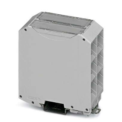 Un boîtier gris rectangulaire avec deux couvercles transparents sur le dessus. Il est utilisé dans des applications électroniques.