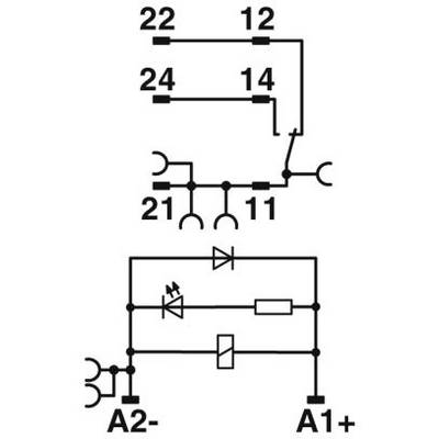 Schéma de câblage : Deux relais avec contacts (22, 12, 24, 14, 21, 11) et deux bornes (A2-, A1+) reliées par des diodes et une résistance.