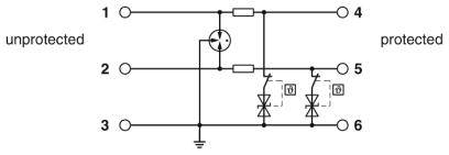 Le schéma montre une protection contre les surtensions avec un transistor et des diodes. À gauche 'non protégé', à droite 'protégé'. Connexions entre les points 1-6 représentées.