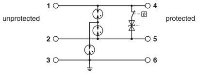 Le schéma illustre un circuit de protection pour les lignes électriques entre les zones 'non protégée' et 'protégée' ; il comprend des diodes et des transistors.