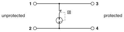 Le diagramme montre la protection du circuit : en haut à gauche '1' connecté en haut à droite à '3' et en bas à gauche '2' connecté en bas à droite à '4'. L'interrupteur passe de 'non protégé' à 'protégé'.
