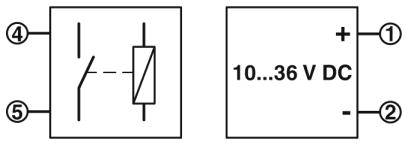 Symbole de commutation à 5 bornes ; indique l'interrupteur et la tension de 10 à 36 V DC avec polarités.