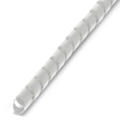 Un goulotte de câbles blanc, enroulé en spirale, destinée à l'organisation des câbles. Elle vise à améliorer l'ordre et la sécurité.