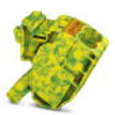 Un objet à motif jaune et vert, méconnaissable.