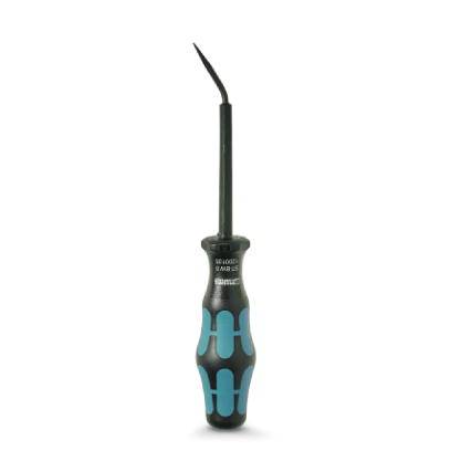 Tournevis à poignée ergonomique, noir avec des touches bleues. Pointe légèrement incurvée pour un usage spécialisé.