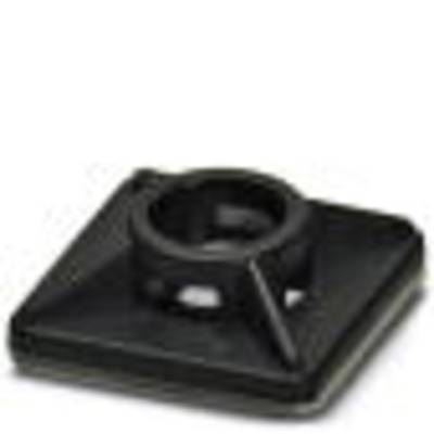 Un support de câble noir carré en plastique avec une ouverture centrée, conçu pour fixer et organiser les câbles.