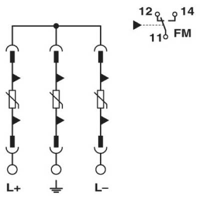 Schéma de commutation avec trois circuits parallèles. Chacun comporte des varistors et une mise à la terre. À droite, un commutateur avec les bornes 11, 12, 14.