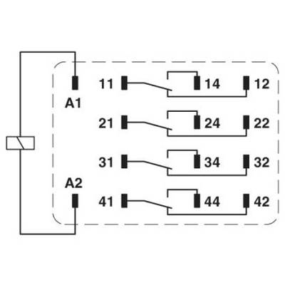 Symbole de commutation d'un relais électrique à quatre contacts, numérotés de 11 à 44. Bornes principales de bobine en A1 et A2.