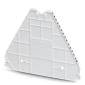Un objet blanc triangulaire à la surface striée, présentant deux petites ouvertures rondes au centre.