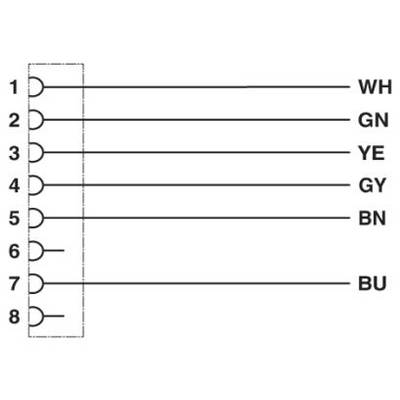Diagramme d'une fiche à 8 broches avec des fils codés par couleur : 1 (Blanc), 2 (Vert), 3 (Jaune), 4 (Gris), 5 (Marron), 6 (Bleu).