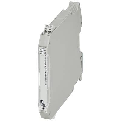 Un module électronique gris et étroit avec des connexions en haut et une inscription sur le côté.