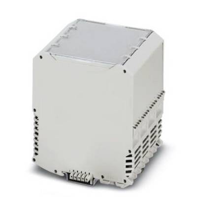 Un boîtier électronique blanc rectangulaire avec un couvercle transparent, montrant des connexions sur sa face inférieure.
