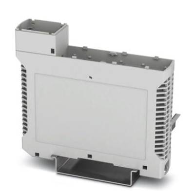 Un boîtier électronique rectangulaire gris avec des fentes de ventilation, adapté au montage dans des armoires électriques.