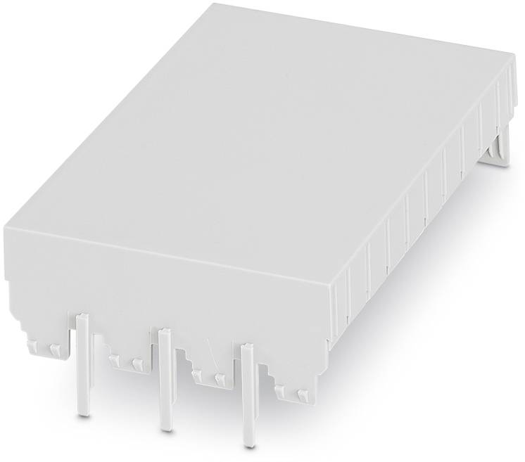 Un module électronique blanc avec plusieurs broches de connexion sur sa face inférieure, probablement un relais ou un connecteur.