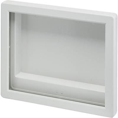 Un cadre rectangulaire en plastique, gris, avec un bord plat et une surface intérieure creusée, probablement adapté à un montage mural.