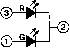 Un schéma de circuit simple montre deux diodes électroluminescentes (R et G) en série avec trois points de connexion marqués 1, 2 et 3.